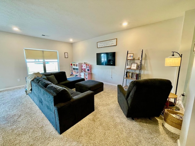 carpeted living room with a textured ceiling