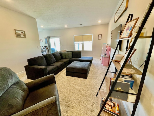 carpeted living room with a textured ceiling