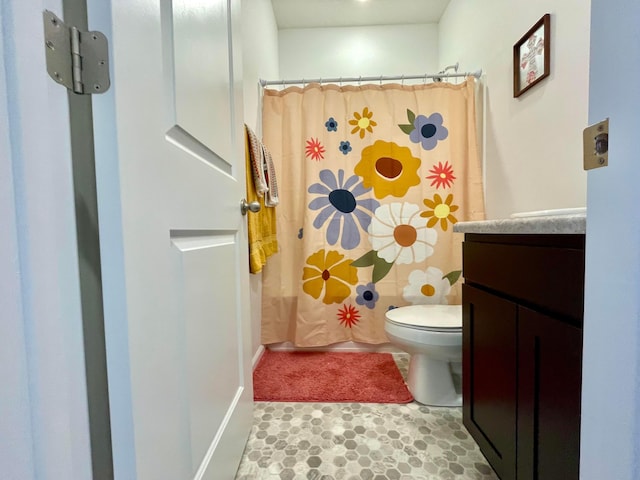 bathroom featuring vanity, toilet, and walk in shower