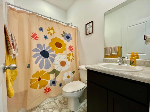 bathroom featuring vanity, toilet, and a shower with shower curtain