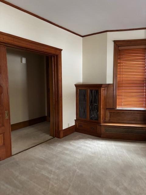 unfurnished living room with crown molding and carpet flooring