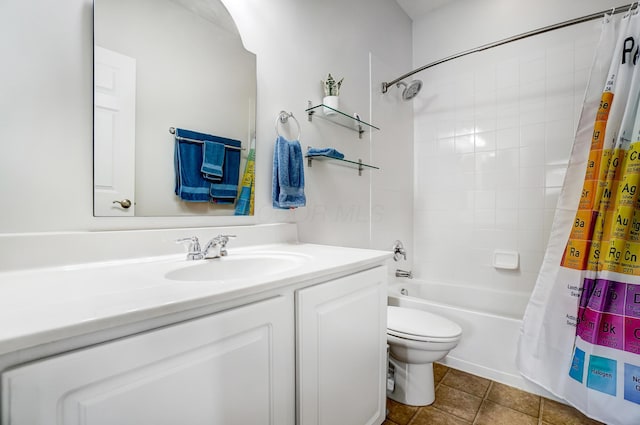 full bathroom with shower / bath combination with curtain, vanity, toilet, and tile patterned flooring