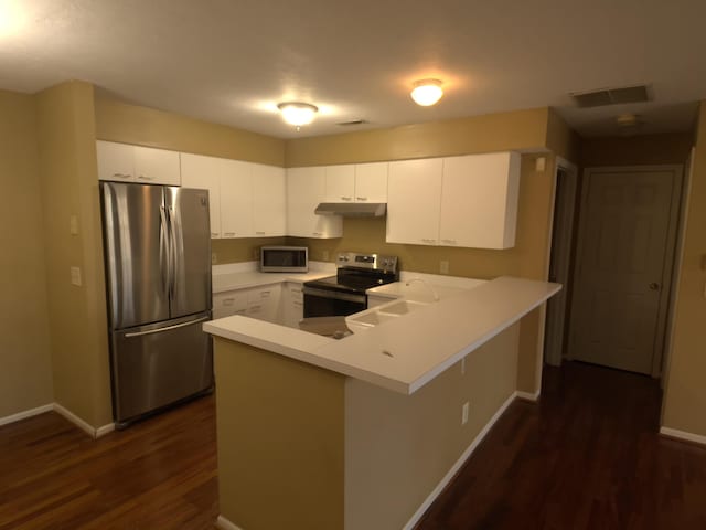 kitchen with white cabinetry, dark hardwood / wood-style flooring, stainless steel appliances, and kitchen peninsula