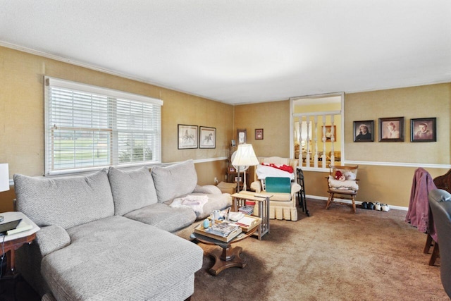 carpeted living room featuring baseboards