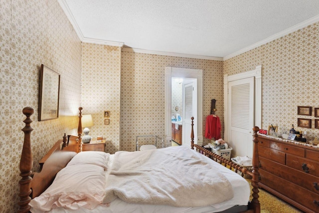 bedroom with a textured ceiling, wallpapered walls, and crown molding