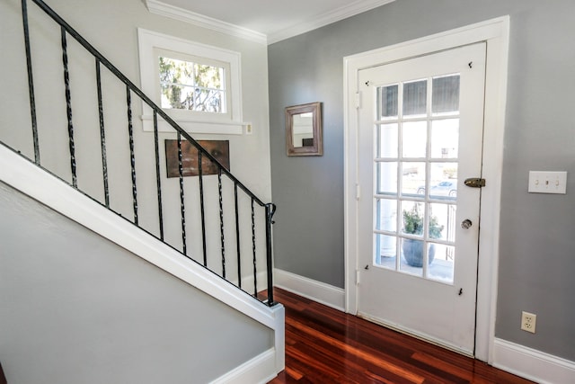 foyer with crown molding and dark hardwood / wood-style flooring