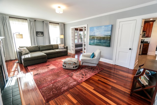 living room with hardwood / wood-style floors and ornamental molding