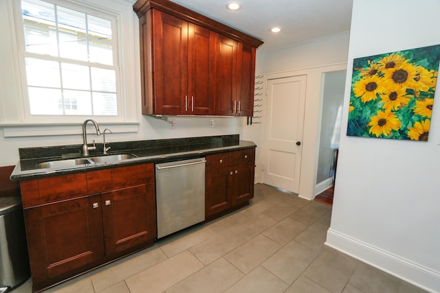 kitchen featuring sink, light tile patterned floors, ornamental molding, and stainless steel dishwasher