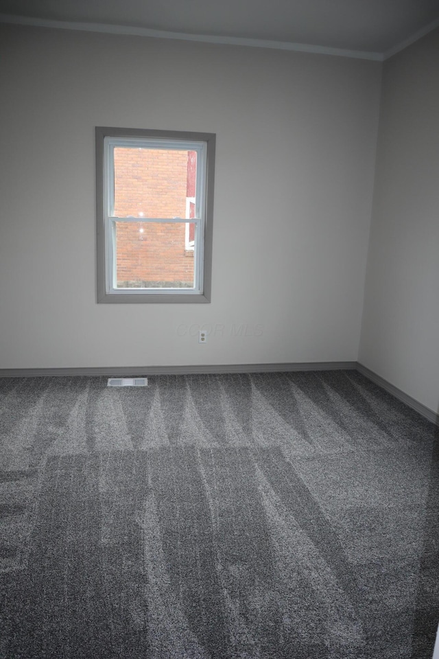 unfurnished room featuring crown molding and carpet