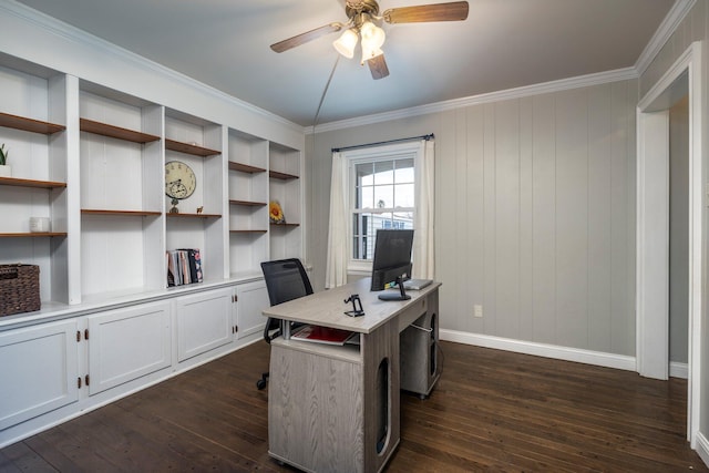 home office with ornamental molding, dark wood-type flooring, a ceiling fan, and baseboards