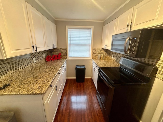 kitchen with range with electric stovetop, white cabinetry, light stone countertops, and decorative backsplash