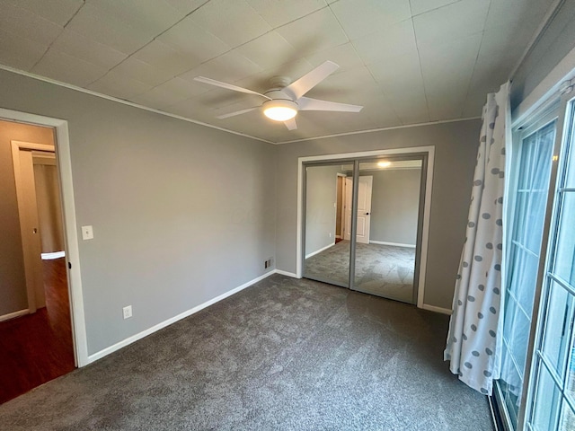 unfurnished bedroom with crown molding, ceiling fan, a closet, and dark colored carpet