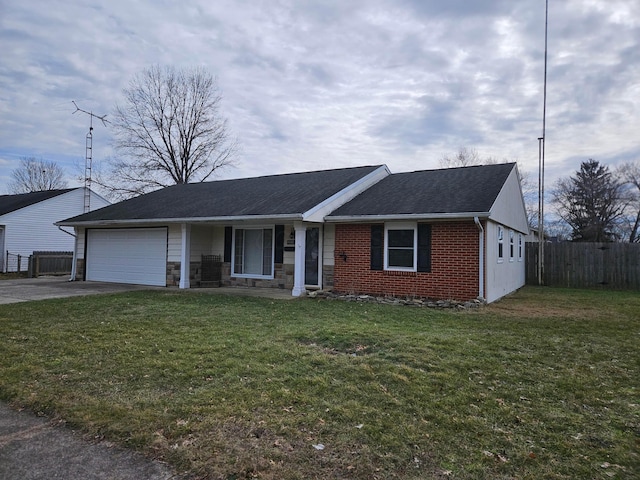 ranch-style house with a garage and a front lawn