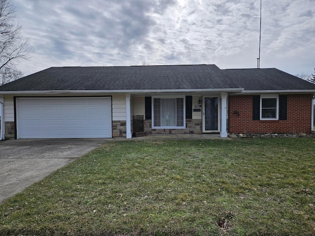 single story home with a garage and a front yard