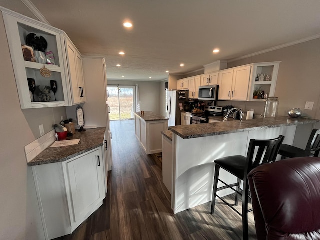 kitchen featuring white cabinetry, dark stone countertops, dark hardwood / wood-style floors, kitchen peninsula, and stainless steel appliances