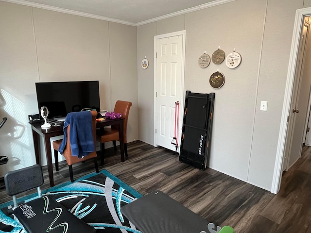 office area featuring ornamental molding and dark hardwood / wood-style floors