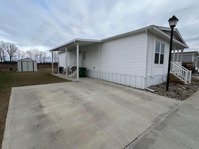 view of property exterior featuring a storage shed