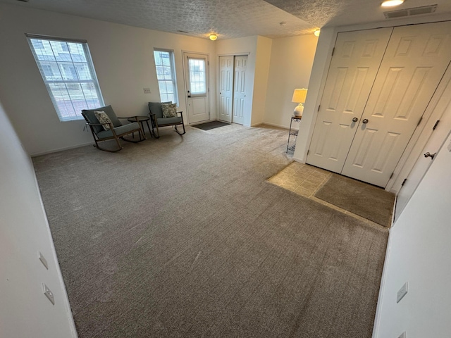 unfurnished room with light carpet, a wealth of natural light, and a textured ceiling