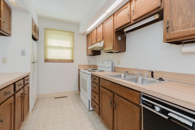 kitchen featuring sink, light tile patterned floors, and white appliances