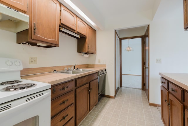 kitchen featuring sink, white electric range, ventilation hood, and dishwasher