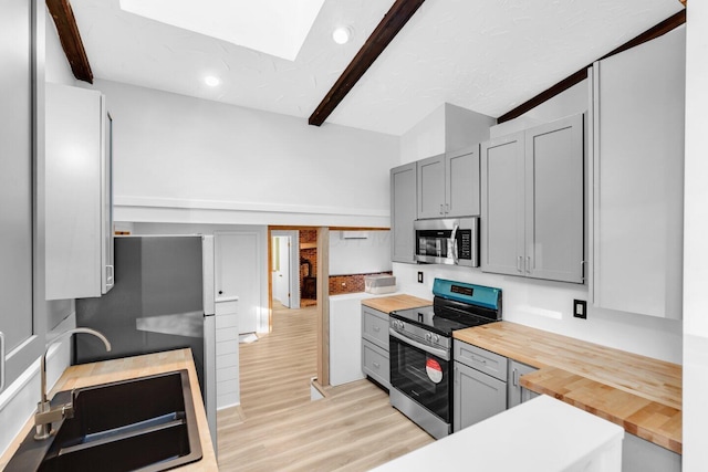 kitchen with butcher block countertops, sink, appliances with stainless steel finishes, gray cabinetry, and beamed ceiling