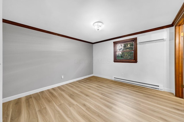 unfurnished bedroom with an AC wall unit, ornamental molding, light wood-type flooring, and a baseboard heating unit