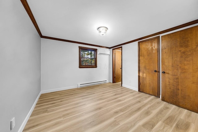 unfurnished bedroom featuring a baseboard heating unit, crown molding, light hardwood / wood-style floors, and a wall mounted AC