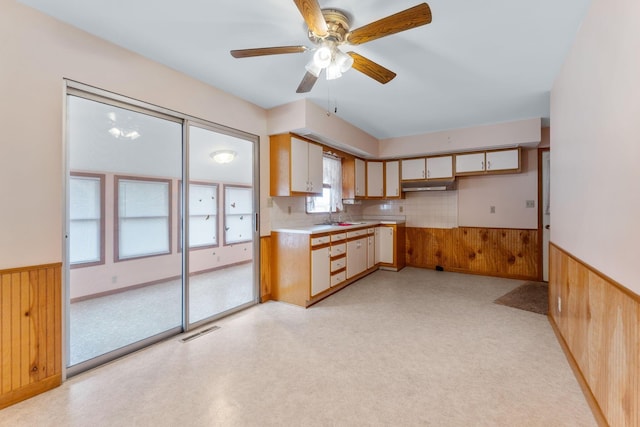 kitchen with sink, ceiling fan, and wood walls