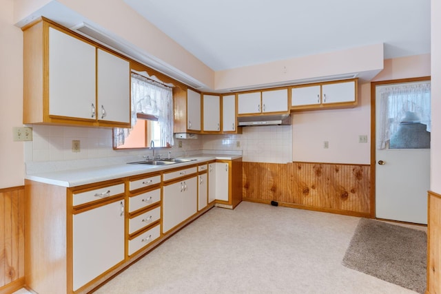 kitchen featuring wooden walls, sink, decorative backsplash, and white cabinets