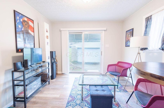 living room with a healthy amount of sunlight, a textured ceiling, and light wood-type flooring