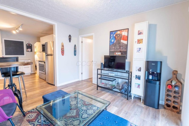 living room with hardwood / wood-style flooring and a textured ceiling