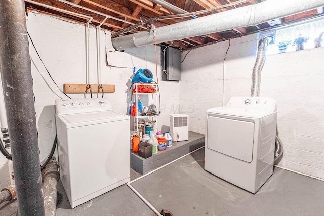 washroom with electric panel and washing machine and clothes dryer