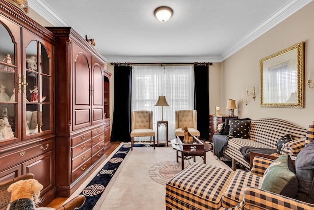 carpeted living room with ornamental molding