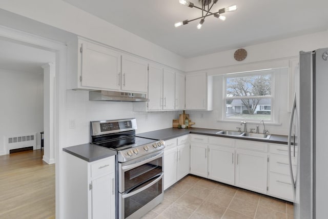 kitchen with radiator heating unit, sink, white cabinets, decorative backsplash, and stainless steel appliances