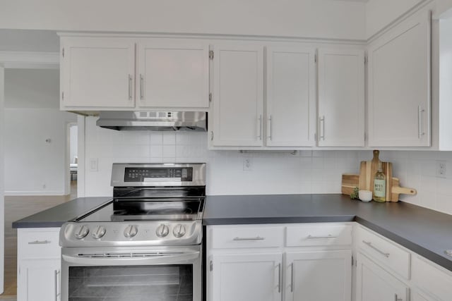 kitchen with backsplash, stainless steel electric range, and white cabinets