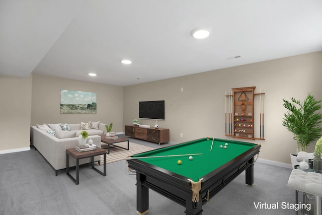 recreation room with pool table and carpet flooring