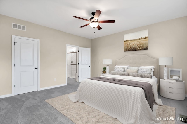 carpeted bedroom featuring connected bathroom and ceiling fan