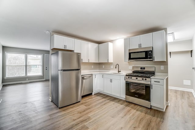 kitchen featuring white cabinetry, sink, light hardwood / wood-style flooring, and stainless steel appliances