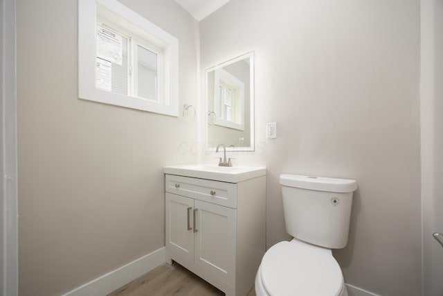 bathroom with vanity, wood-type flooring, and toilet