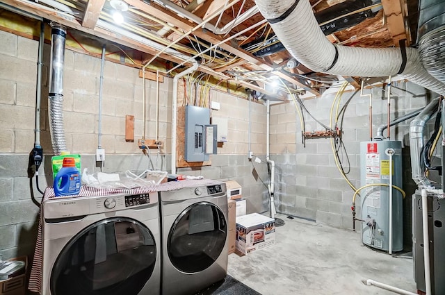 laundry area with water heater, washing machine and dryer, and electric panel