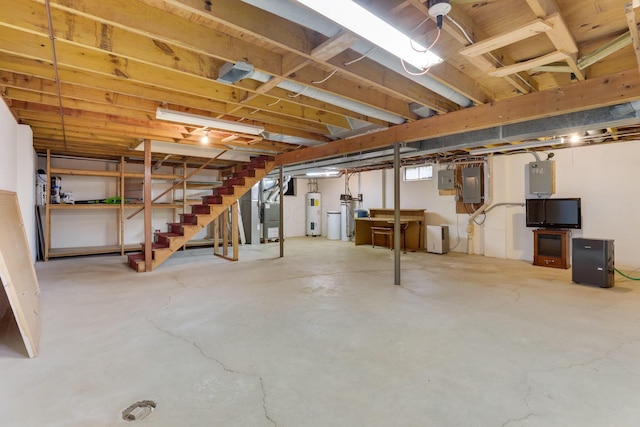 basement with electric panel and water heater