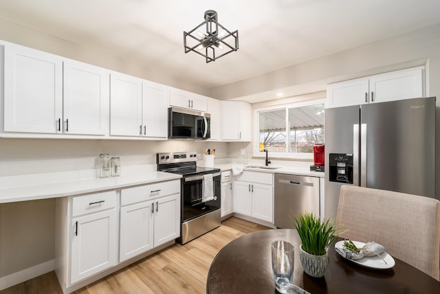 kitchen with white cabinetry, sink, light wood-type flooring, and appliances with stainless steel finishes