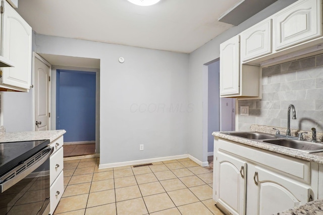 kitchen featuring sink, backsplash, stainless steel electric stove, and white cabinets