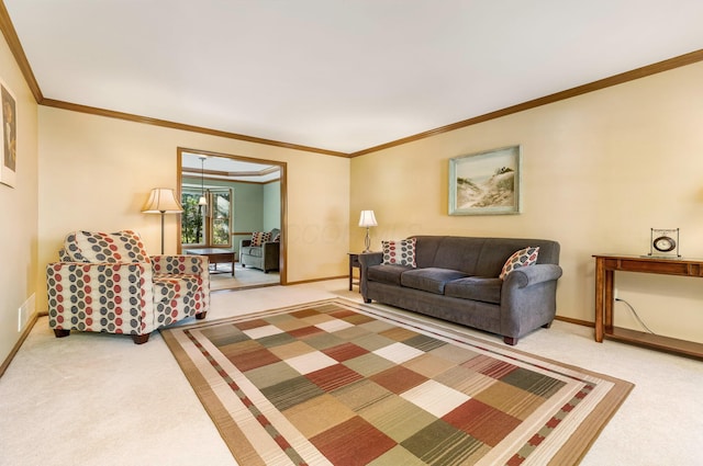 carpeted living room featuring crown molding