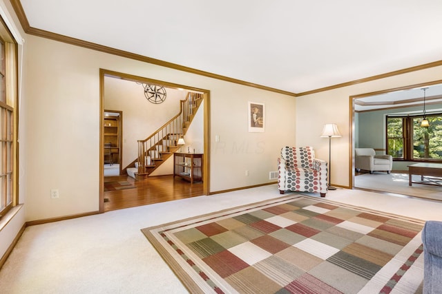 unfurnished room featuring crown molding and carpet