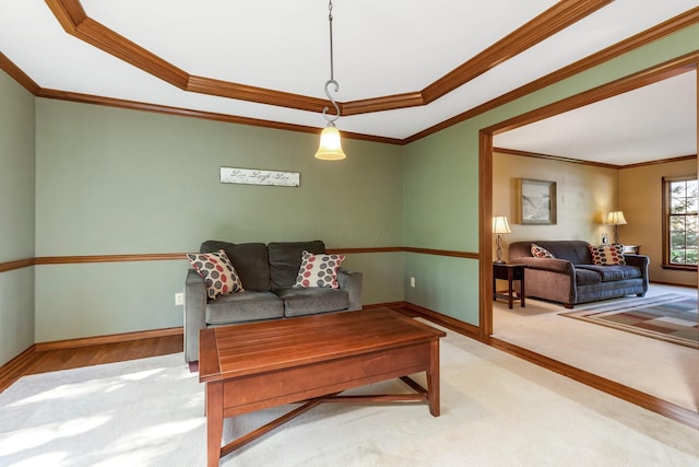 carpeted living room with ornamental molding and a raised ceiling