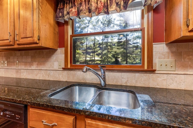 kitchen with sink, decorative backsplash, dark stone counters, and dishwasher