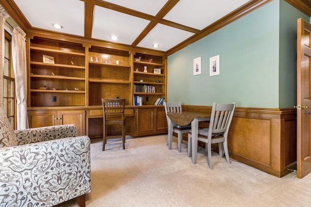 dining area with light carpet, crown molding, built in features, and coffered ceiling