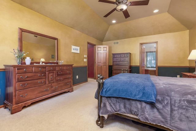 carpeted bedroom featuring ceiling fan and lofted ceiling