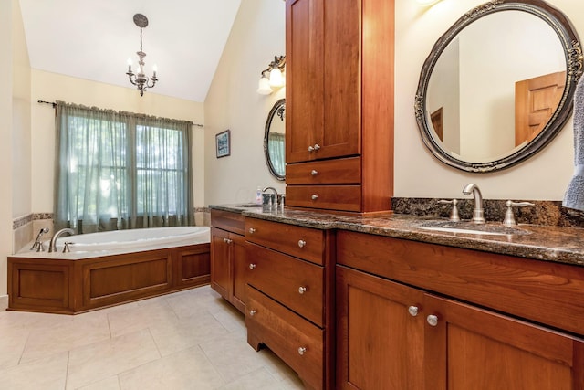 bathroom with vaulted ceiling, a tub to relax in, tile patterned flooring, vanity, and an inviting chandelier